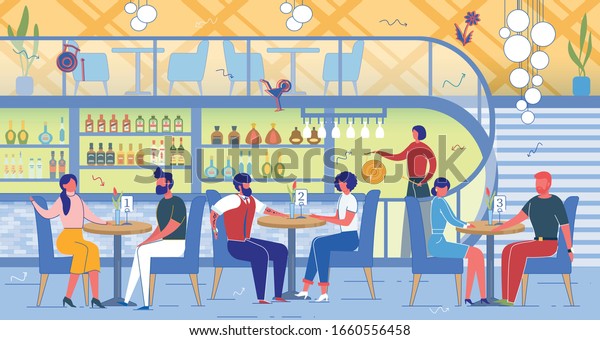 Speed Dating Party in Restaurant or Bar\
Interior. Men and Women Characters Sitting in Pairs at Tables and\
Talking. People looking for Romantic Relationships. Flat Cartoon\
Vector Illustration.