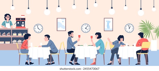 Speed dating. Single people in cafe or bar have first dates on time. Man and woman meeting in restaurant, friendship and relationship, recent vector scene