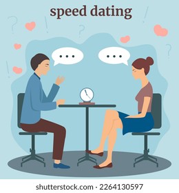 speed dating. A young couple at a table in a cafe, getting to know each other in a cozy atmosphere. Vector illustration