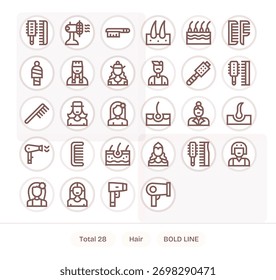Acelere la entrega con 28 iconos de línea audaz extraídos de cabello, organizados y consistentes.
