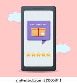 The speed of delivery or the concept of a mobile shopping application, 3d illustration of an online e-commerce store, Review of the delivery rating, Mobile application