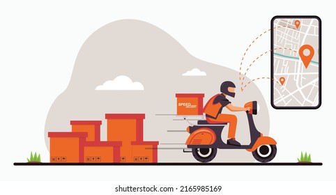 Speed delivery scooter via map mobile phone. Ecommerce concept. Online shopping. Online delivery service concept. Online order tracking
