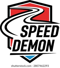 Speed demon emblem with road and red shield logo design