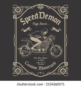 Speed Demon skeleton rider in monochrome, vintage art suitable for t-shirt print, poster, or any other purpose