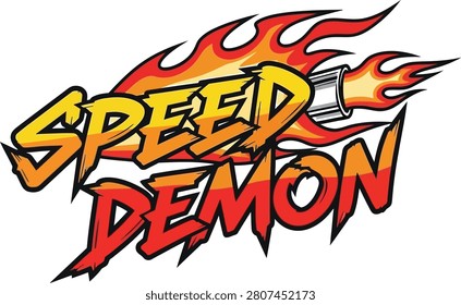 Speed demon text logo with burning fire flames