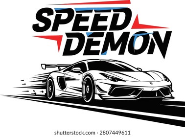 Speed demon text logo with a fast sports car illustration