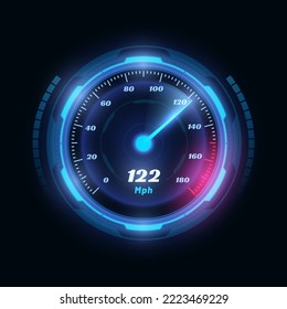 Speed digital dashboard, automobile power meter, display speedometer. Modern indicator, digital odometer display technology for racing game. Fast or slow internet connection meter