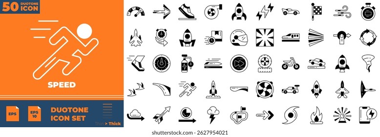 Velocidade Duotônico Editável Ícones definido. Ilustração de vetor no estilo duotônico fino moderno de ícones de velocidade: rápido, lento, movimento, indicador, etc