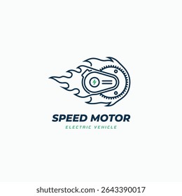 Geschwindigkeit Dynamo-Motor mit Feuer Flamme Linie Kunst Umriss Logo-Design. Schnelles Elektromotor-Symbol, Symbol, Vektorgrafik