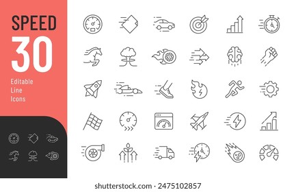 Bearbeitungsfähige Symbole für Geschwindigkeit eingestellt. Vektorillustration im modernen Thin Line-Stil von produktivitätsbezogenen Icons: schnell, stark, aufwärts und mehr. Piktogramme und Infografiken für mobile App.