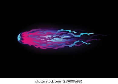 Speed effect cartoon vfx. Comic line blaster shot. Energy fire flame light. Neon color, asteroid flying rock. Flash lightning motion. Fantasy vector element