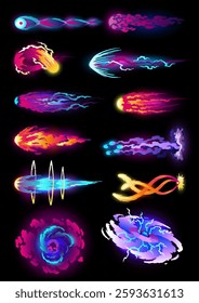 Speed effect cartoon vfx. Comic line blaster shot. Energy fire flame light. Neon color, asteroid flying rock. Flash lightning motion. Fantasy vector element set