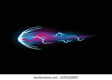 Speed effect cartoon vfx. Comic line blaster shot. Energy fire flame light. Neon color, asteroid flying rock. Flash lightning motion. Fantasy vector element