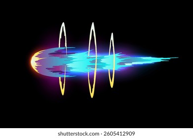 Speed effect cartoon vfx. Comic line blaster shot. Energy fire flame light. Neon color, asteroid flying rock. Flash lightning motion. Fantasy vector element