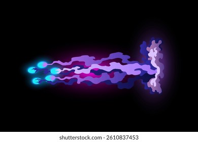 Speed effect cartoon vfx. Comic line blaster shot. Energy fire flame light. Neon color, asteroid flying rock. Flash lightning motion. Fantasy vector element