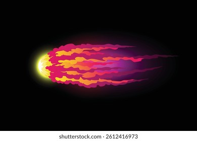 Speed effect cartoon vfx. Comic line blaster shot. Energy fire flame light. Neon color, asteroid flying rock. Flash lightning motion. Fantasy vector element