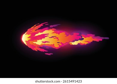 Speed effect cartoon vfx. Comic line blaster shot. Energy fire flame light. Neon color, asteroid flying rock. Flash lightning motion. Fantasy vector element