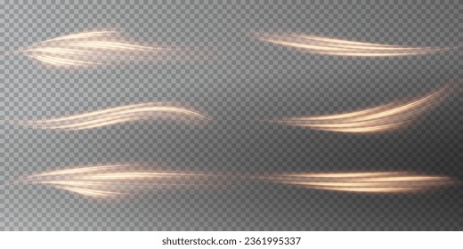 Speed ​​line effect in golden color motion.
Smooth fire light vector png lines.
Group light trail wave, fire path trace line and incandescence curve twirl. Stock royalty free.