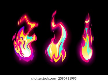 Speed effect. Hot fire. Color blaze light. Dangerous combustion. Fuel energy. Campfire ignition. Burning flame with sparks. Glow and heat. Magic fireball. Hell explosion. Vector fiery elements set