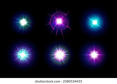 Speed effect. Light flash. Space stars. Galaxy glitter. Laser lighting. Shiny glare. Futuristic sparkle burst. Glowing radial rays. Sunlight beams. Sparkling flare. Vector illuminated elements set