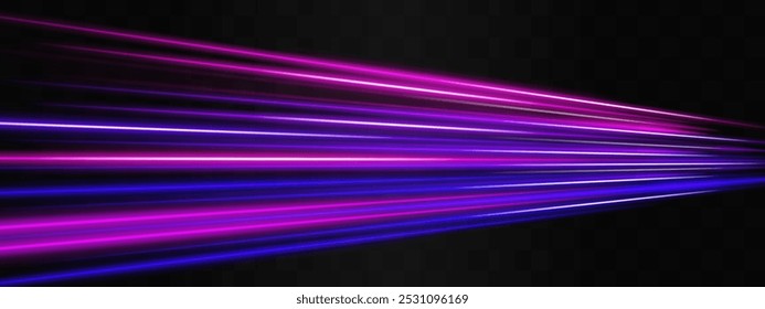 Efeito de velocidade. faixas de néon ou flash de luz. Feixes laser, feixes horizontais. Néon vibrante roxo e listras de luz rosa que se estendem através de um fundo escuro, criando um efeito dinâmico