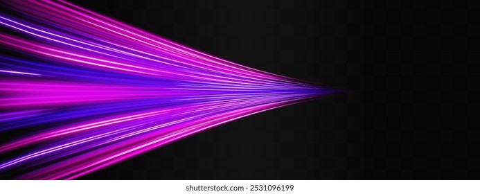 Speed effect. neon stripes or light flash. Laser beams, horizontal beams. Vibrant neon purple and pink light streaks stretching across a dark background, creating a dynamic effect