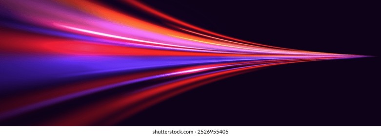 Velocidad ​efecto ​ luz. Ilustración realista de Vector de rastro de neón abstracto. Líneas de velocidad brillantes. Sobre un fondo oscuro.