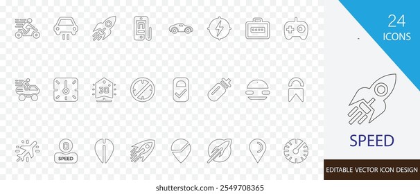 Velocidade essencial conjunto de ícones de contorno. contendo foguete, zíper, rápido, rápido, velocímetro, corrida, atleta e mais ícones  