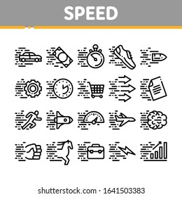 Speed Fast Motion Collection Icons Set Vector. Moving At High Speed Car And Air Plane, Rocket And Bullet, Running Human And Horse Concept Linear Pictograms. Monochrome Contour Illustrations