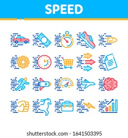 Speed Fast Motion Collection Icons Set Vector. Moving At High Speed Car And Air Plane, Rocket And Bullet, Running Human And Horse Concept Linear Pictograms. Color Contour Illustrations