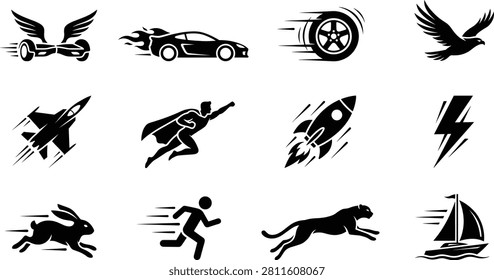 Speed and fast motion icons collection, quick movement symbols including racing car, rocket, runner graphic design elements, collection