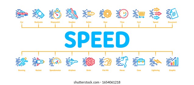 Speed Fast Motion Minimal Infographic Web Banner Vector. Moving At High Speed Car And Air Plane, Rocket And Bullet, Running Human And Horse Illustrations