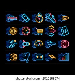 Speed Fast Motion neon light sign vector. Glowing bright icon  Moving At High Speed Car And Air Plane, Rocket And Bullet, Running Human And Horse Illustrations