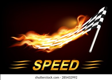 Speed Flag in Fire on dark background. Vector illustration