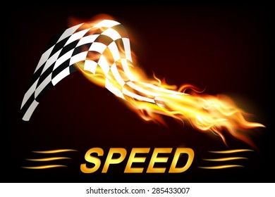 Speed  Flag in Fire on dark background. Vector illustration