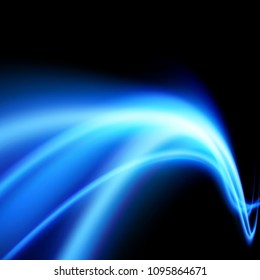 Speed flying blue wave light streaks perspective design over black background. Futuristic abstract dynamic rapid bandwidth transparent internet stream. Vector illustration
