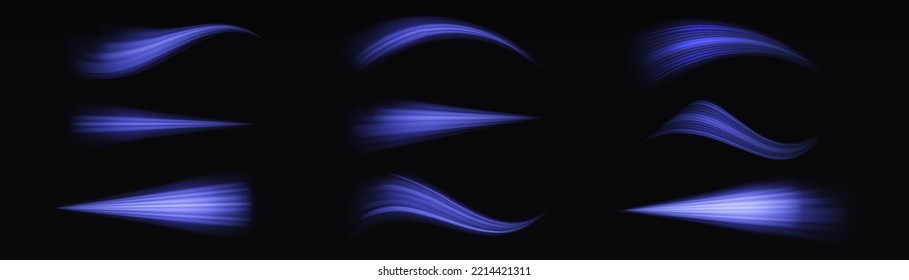 Speed flying trails of shine. Sparkling motion line. Dynamic blue waves. Magic whirlwind with flare sparkles. Glittering wavy trail. Swirling dynamic neon circle. Glowing swirl light effect. Vector