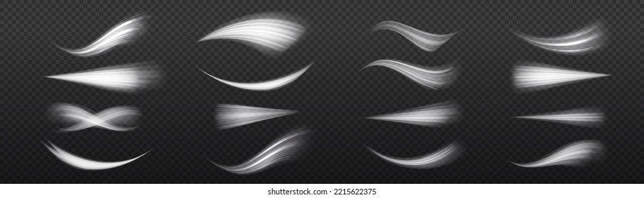 Speed flying trails of shine. Sparkling motion line. Dynamic white waves. Magic whirlwind with flare sparkles. Glittering wavy trail. Swirling dynamic neon circle. Glowing swirl light effect. Vector