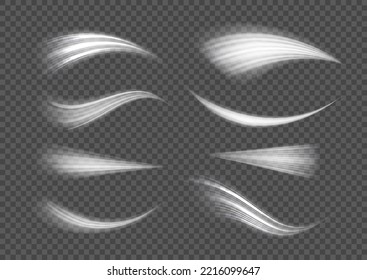 Speed flying trails of shine. Sparkling motion line. Dynamic white waves. Magic whirlwind with flare sparkles. Glittering wavy trail. Swirling dynamic neon circle. Glowing swirl light effect. Vector
