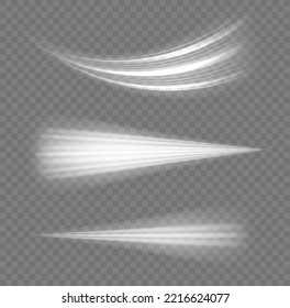 Speed flying trails of shine. Sparkling motion line. Dynamic white waves. Magic whirlwind with flare sparkles. Glittering wavy trail. Swirling dynamic neon circle. Glowing swirl light effect. Vector