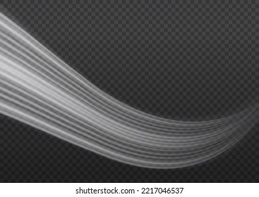 Speed flying trails of shine. Sparkling motion line. Dynamic white waves. Magic whirlwind with flare sparkles. Glittering wavy trail. Swirling dynamic neon circle. Glowing swirl light effect. Vector