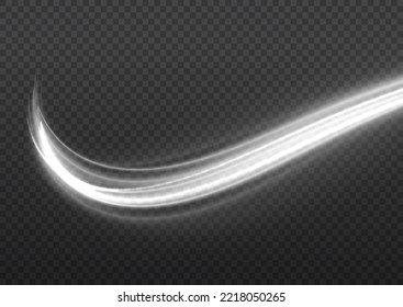 Speed flying trails of shine. Sparkling motion line. Dynamic white waves. Magic whirlwind with flare sparkles. Glittering wavy trail. Swirling dynamic neon circle. Glowing swirl light effect. Vector