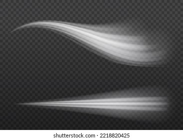 Speed flying trails of shine. Sparkling motion line. Dynamic white waves. Magic whirlwind with flare sparkles. Glittering wavy trail. Swirling dynamic neon circle. Glowing swirl light effect. Vector