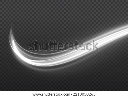 Speed flying trails of shine. Sparkling motion line. Dynamic white waves. Magic whirlwind with flare sparkles. Glittering wavy trail. Swirling dynamic neon circle. Glowing swirl light effect. Vector