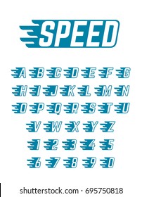 Speed flying vector alphabet. Fast symbols typeface for racing car team, retro posters and sportswear. Sport fast alphabet, speed alphabetical and numbers illustration