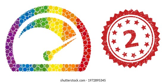 Speed gauge collage icon of filled circle dots in different sizes and LGBT colored color hues, and 2 scratched rosette stamp seal. A dotted LGBT-colored Speed gauge for lesbians, gays, transgenders,