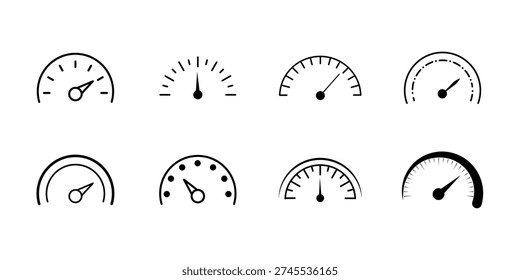 Speed Gauge and Tachometer Icons Bundle, Automotive Dashboard Meter Symbols, Minimal Line and Glyph Vector Set