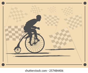 Speed and Glory cycling champion The young man quickly rides a bicycle on a background of flags