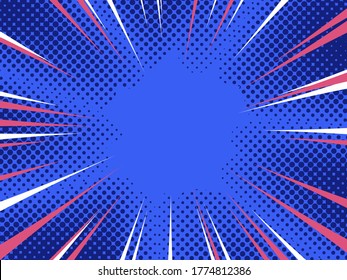 Speed halftone rays. Action, speed lines, stripes for comic book frame. Dynamic, speed stripes abstract frame. Comic book background. Blue color. Vector illustration