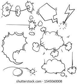 Speed hand drawn fast motion clouds, smoke blast or puff cloud motions. doodle air wind storm blow explosion with cartoon drawing style vector